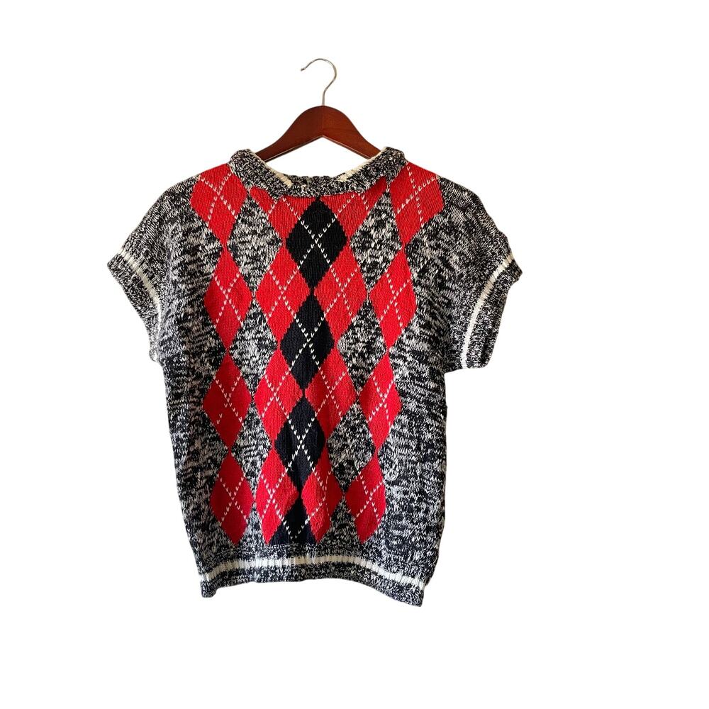 Vintage 80s Red Argyle Short Sleeve Sweater Size Medium